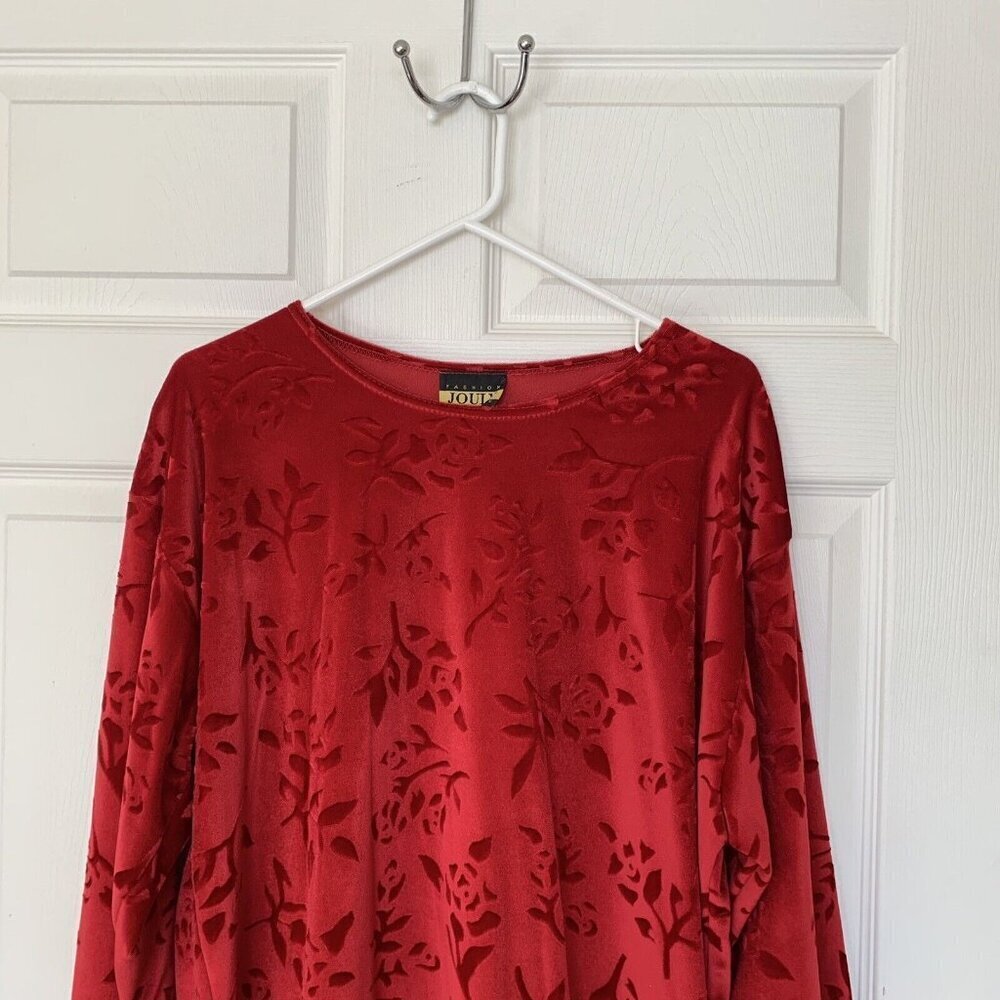 Jouly Women’s Size 1XL Red Floral Crushed Velvet Top Long Sleeve 90’s Vintage - Picture 2 of 10